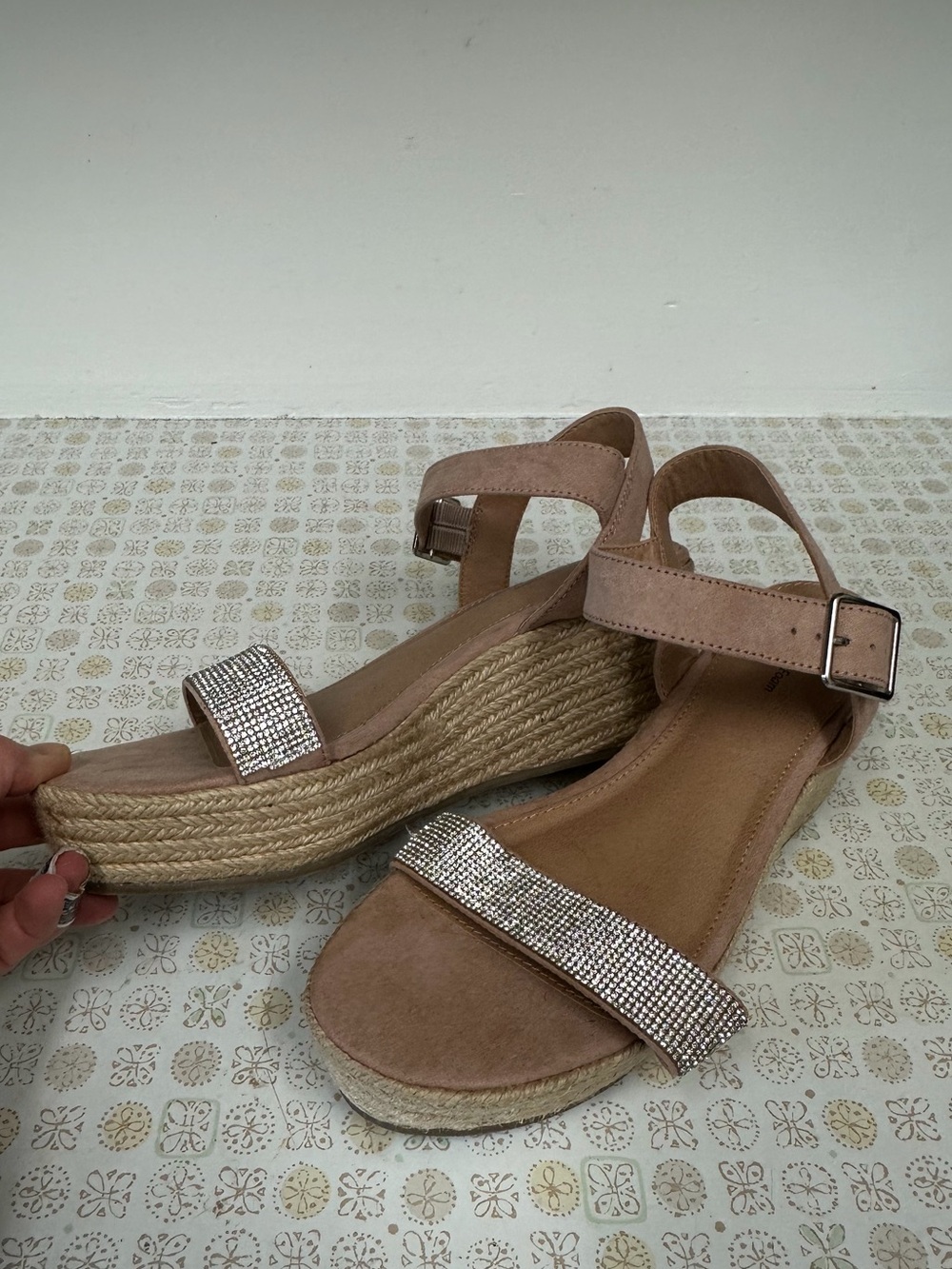 Time and Tru Blush Espadrille Wedge Sandals with Rhinestone Strap